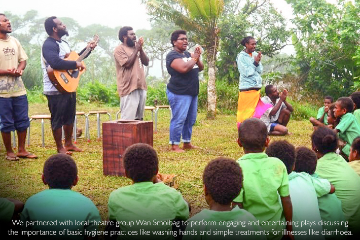 We partnered with local theatre group Wan Smolbag to perform engaging and entertaining plays discussing the importance of basic hygiene practices like washing hands and simple treatments for illnesses like diarrhoea. Photo Credit: Katharina Witkowski/Worl